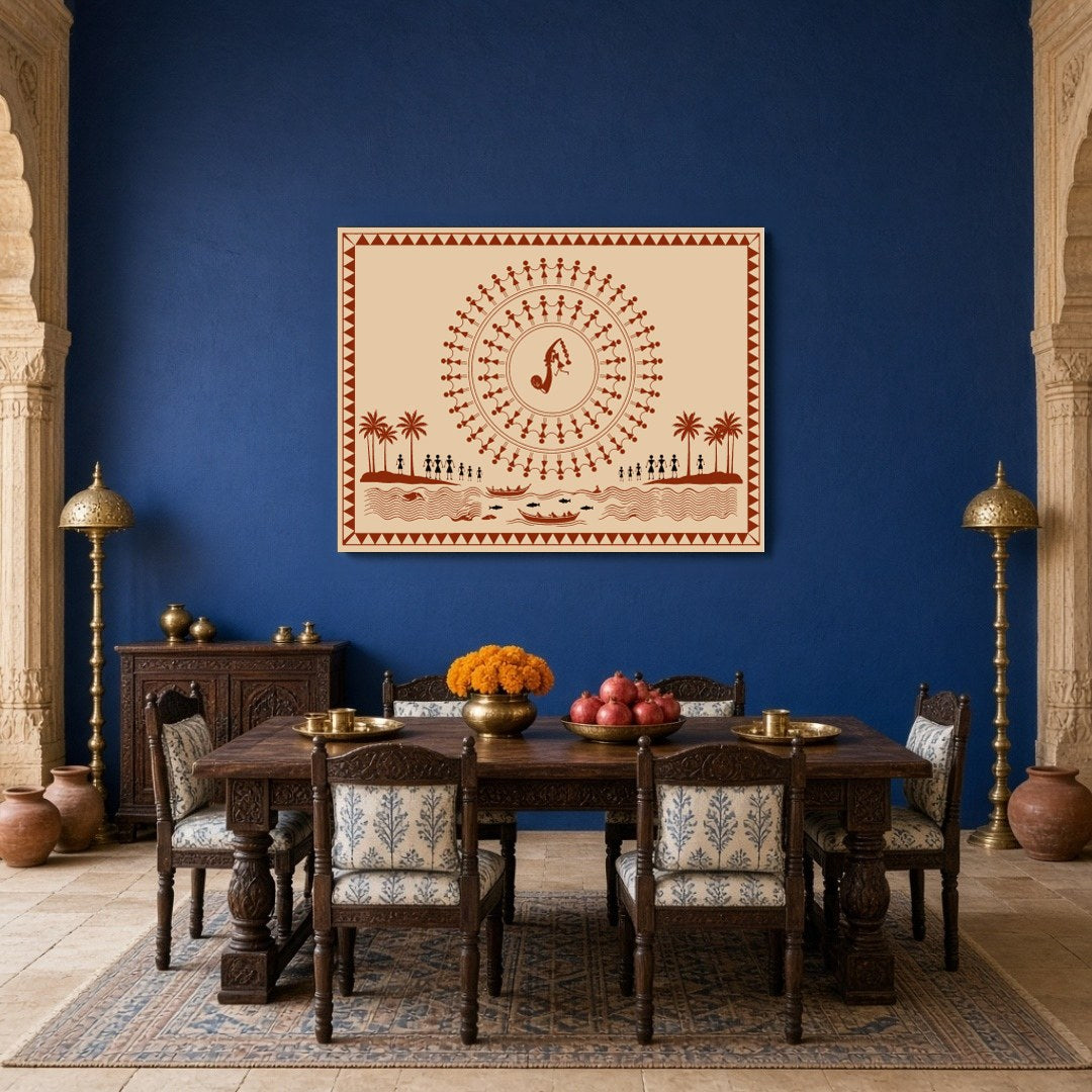 Immerse yourself in the vibrant rhythms of village life with this captivating Warli art print. for Dining