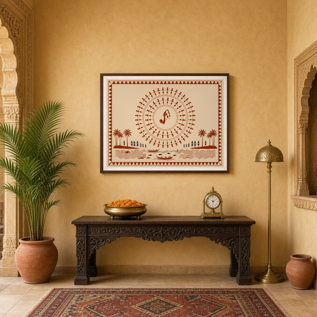 Immerse yourself in the vibrant rhythms of village life with this captivating Warli art print. for Entrance