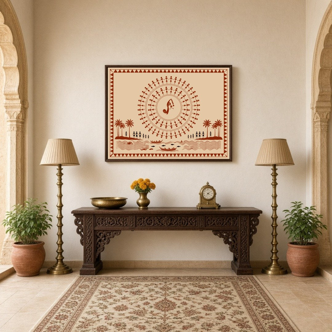 Immerse yourself in the vibrant rhythms of village life with this captivating Warli art print. for Hallway
