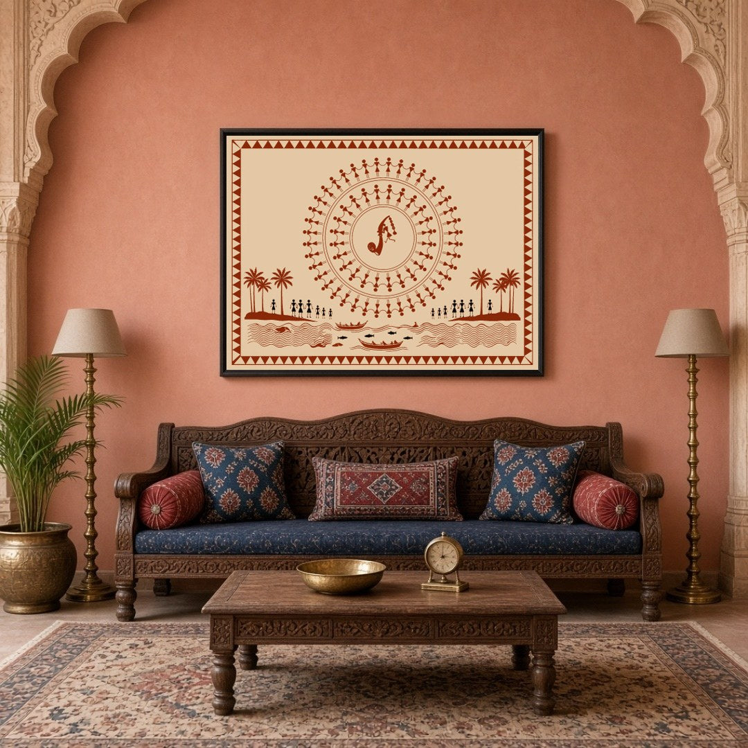 Immerse yourself in the vibrant rhythms of village life with this captivating Warli art print. for Living Room