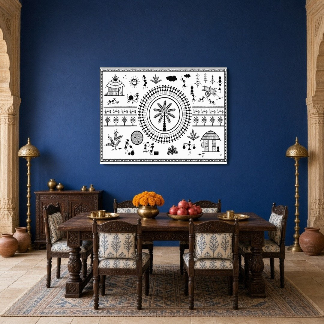 Delve into the captivating world of Warli art with this striking piece that depicts the harmonious for Dining