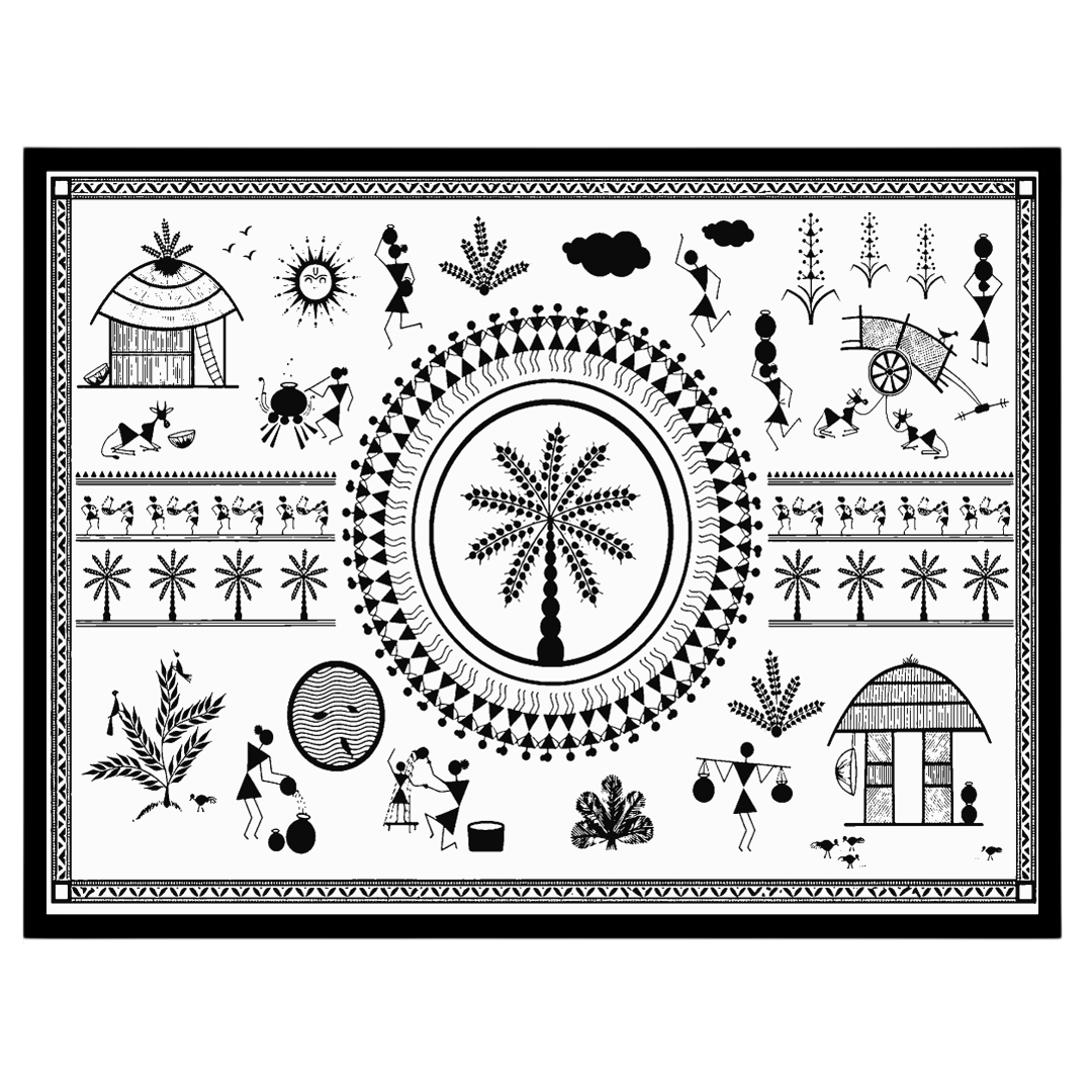 Delve into the captivating world of Warli art with this striking piece that depicts the harmonious for dwelling