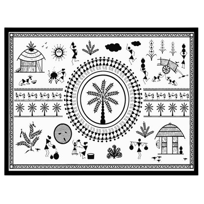 Delve into the captivating world of Warli art with this striking piece that depicts the harmonious for dwelling