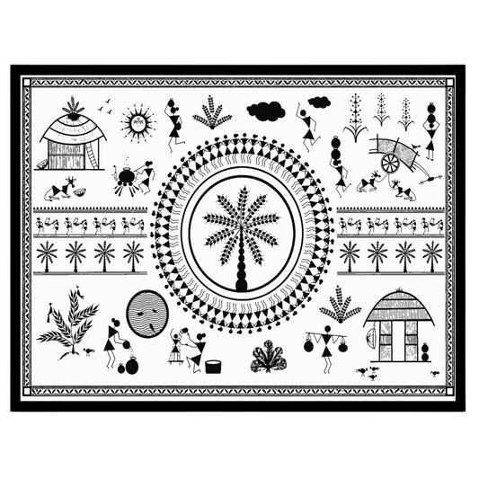 Delve into the captivating world of Warli art with this striking piece that depicts the harmonious for dwelling