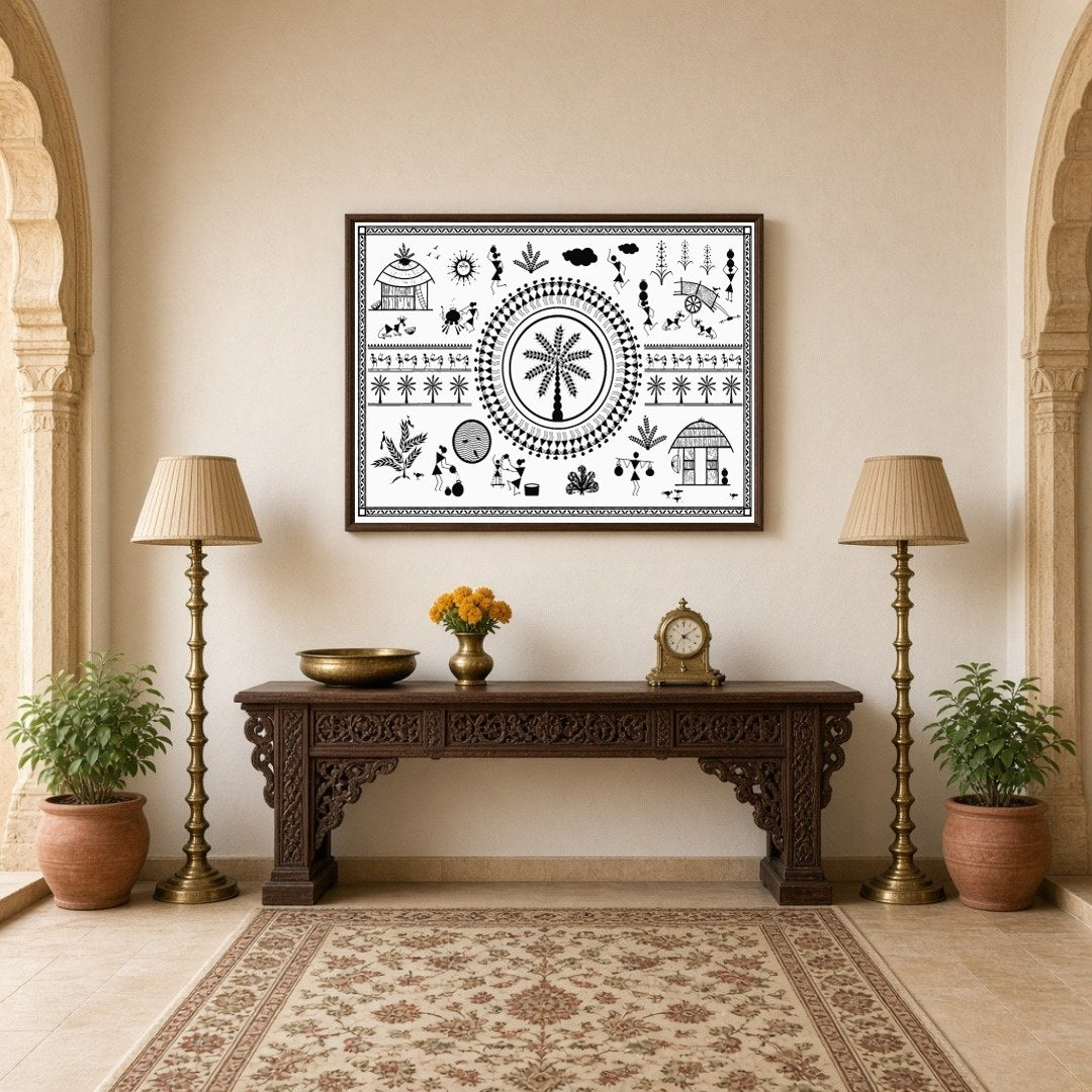 Delve into the captivating world of Warli art with this striking piece that depicts the harmonious for Hallway