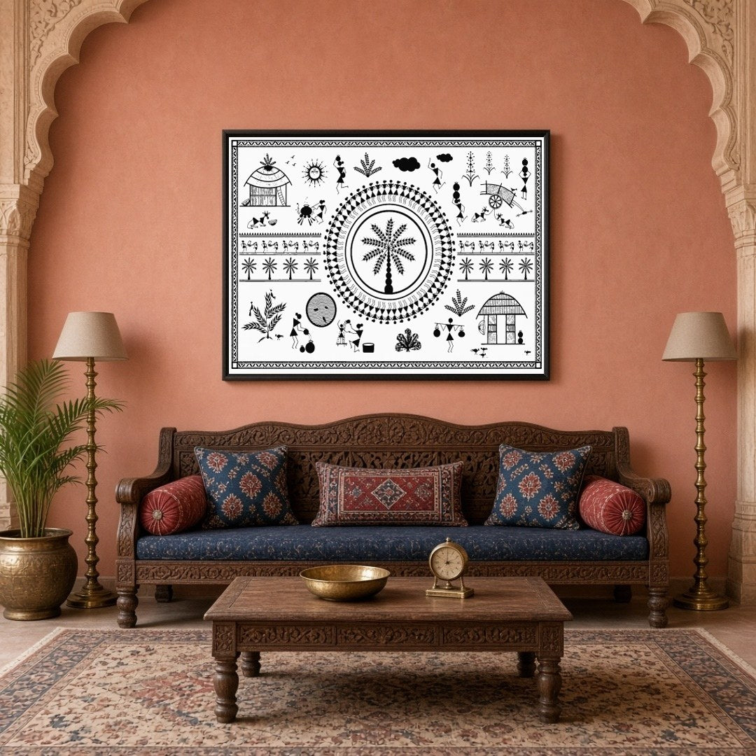 Delve into the captivating world of Warli art with this striking piece that depicts the harmonious for Living Room