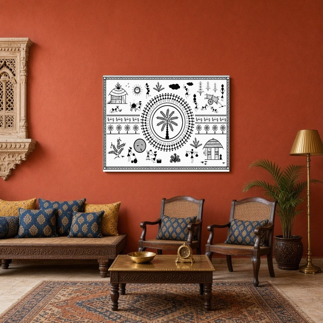 Delve into the captivating world of Warli art with this striking piece that depicts the harmonious for Sitting Area