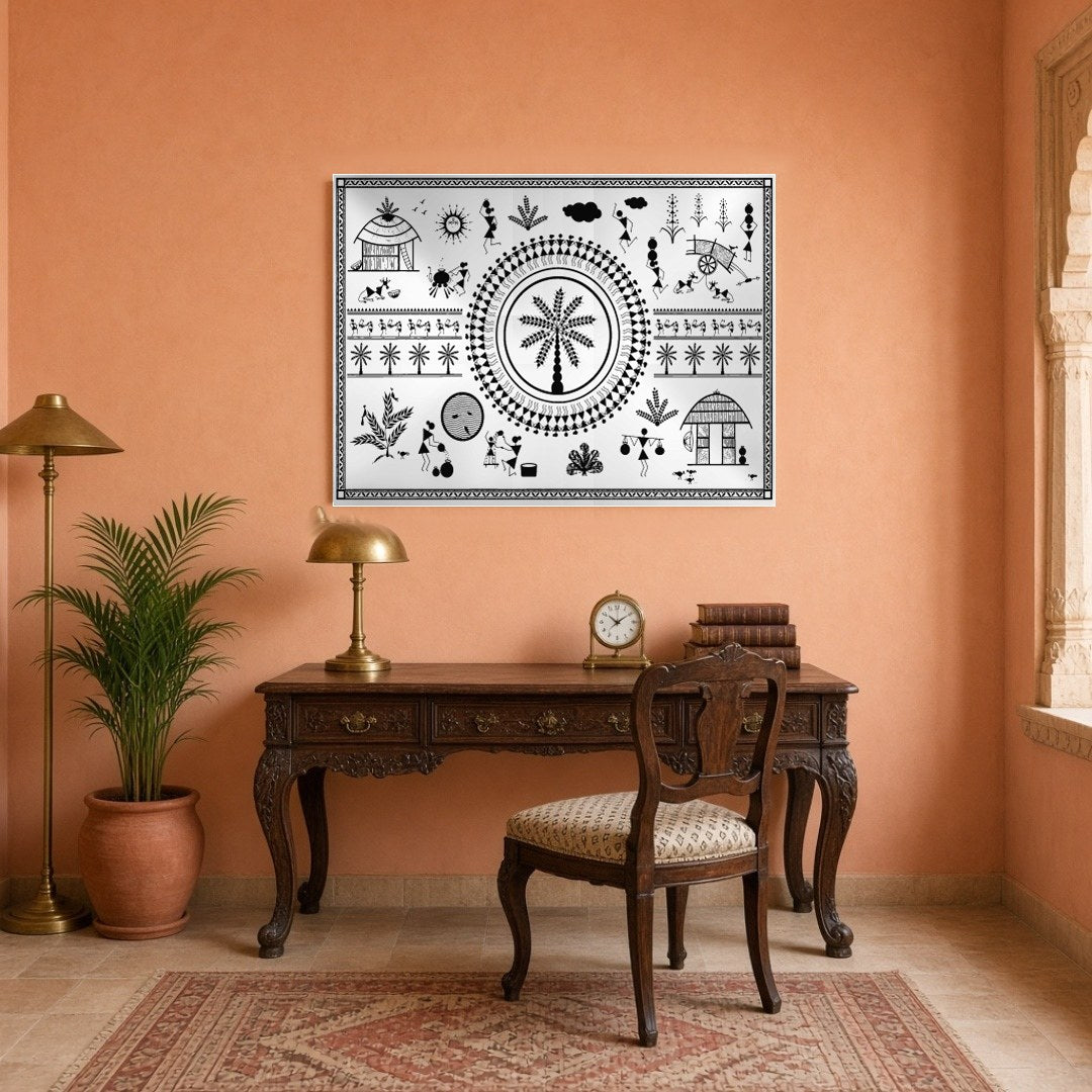 Delve into the captivating world of Warli art with this striking piece that depicts the harmonious for Study