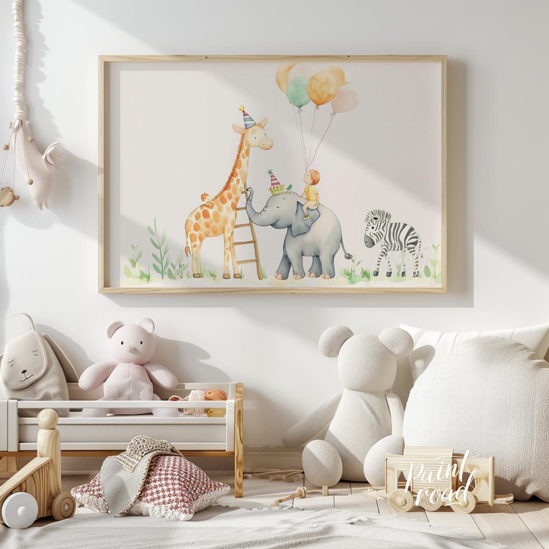 This whimsical watercolor illustration captures a delightful safari-themed party scene with adorabl… for nursery
