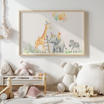 This whimsical watercolor illustration captures a delightful safari-themed party scene with adorabl… for nursery