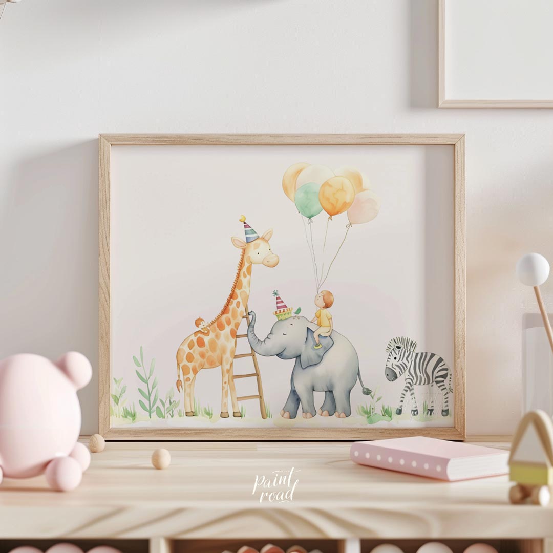 This whimsical watercolor illustration captures a delightful safari-themed party scene with adorabl… for nursery