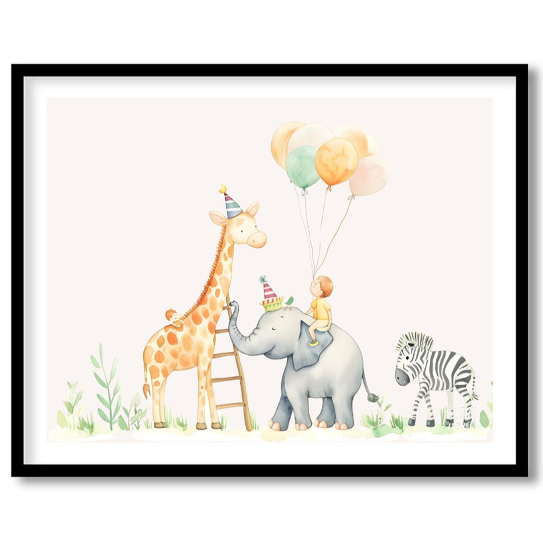 This whimsical watercolor illustration captures a delightful safari-themed party scene with adorabl… for place