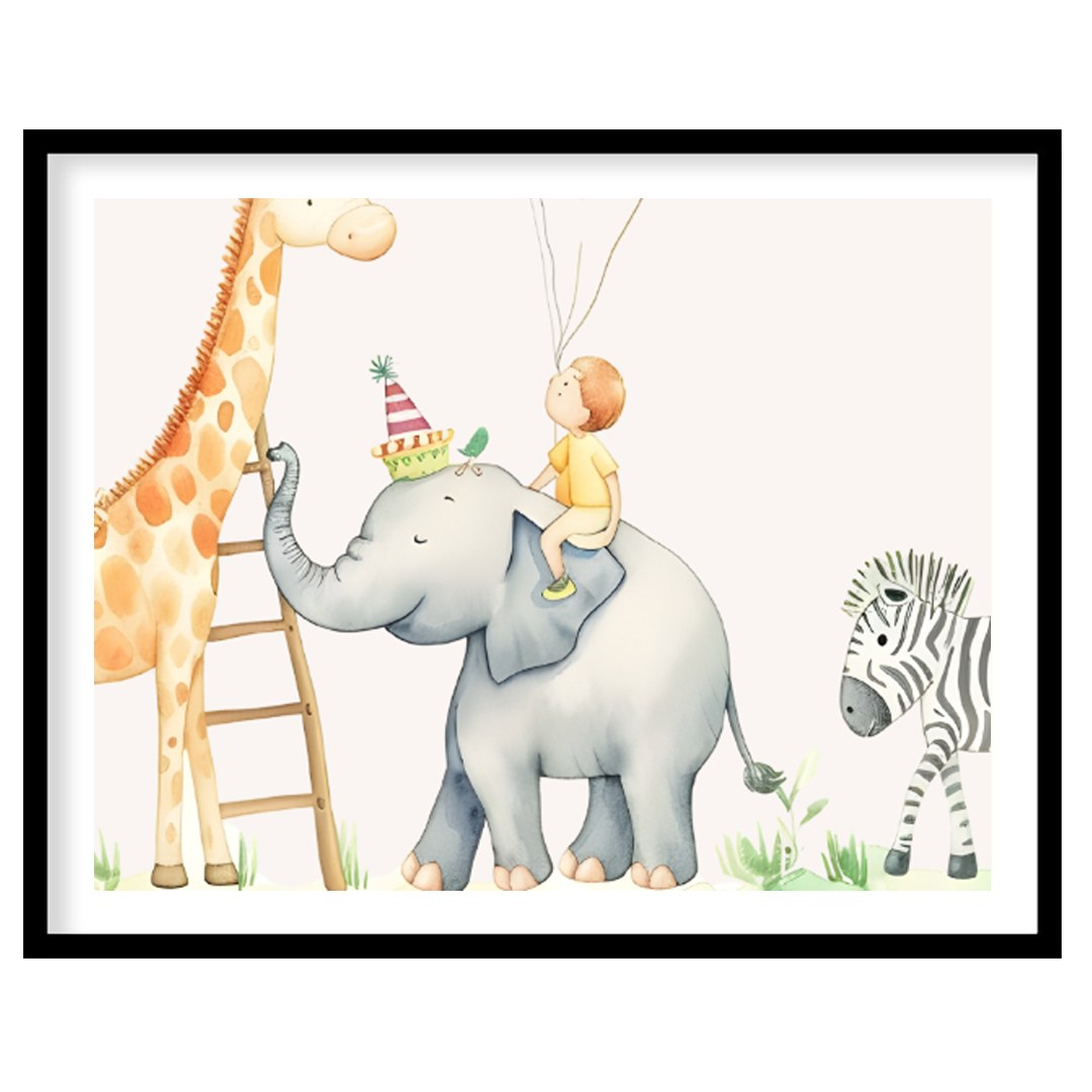 This whimsical watercolor illustration captures a delightful safari-themed party scene with adorabl… for place