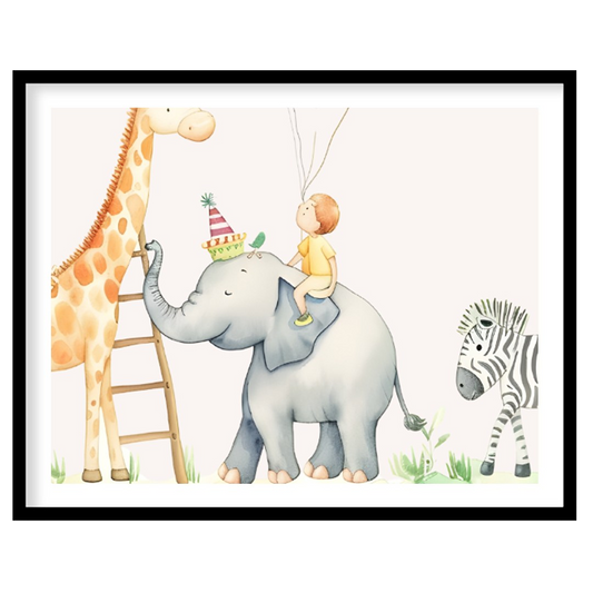 This whimsical watercolor illustration captures a delightful safari-themed party scene with adorabl… for place