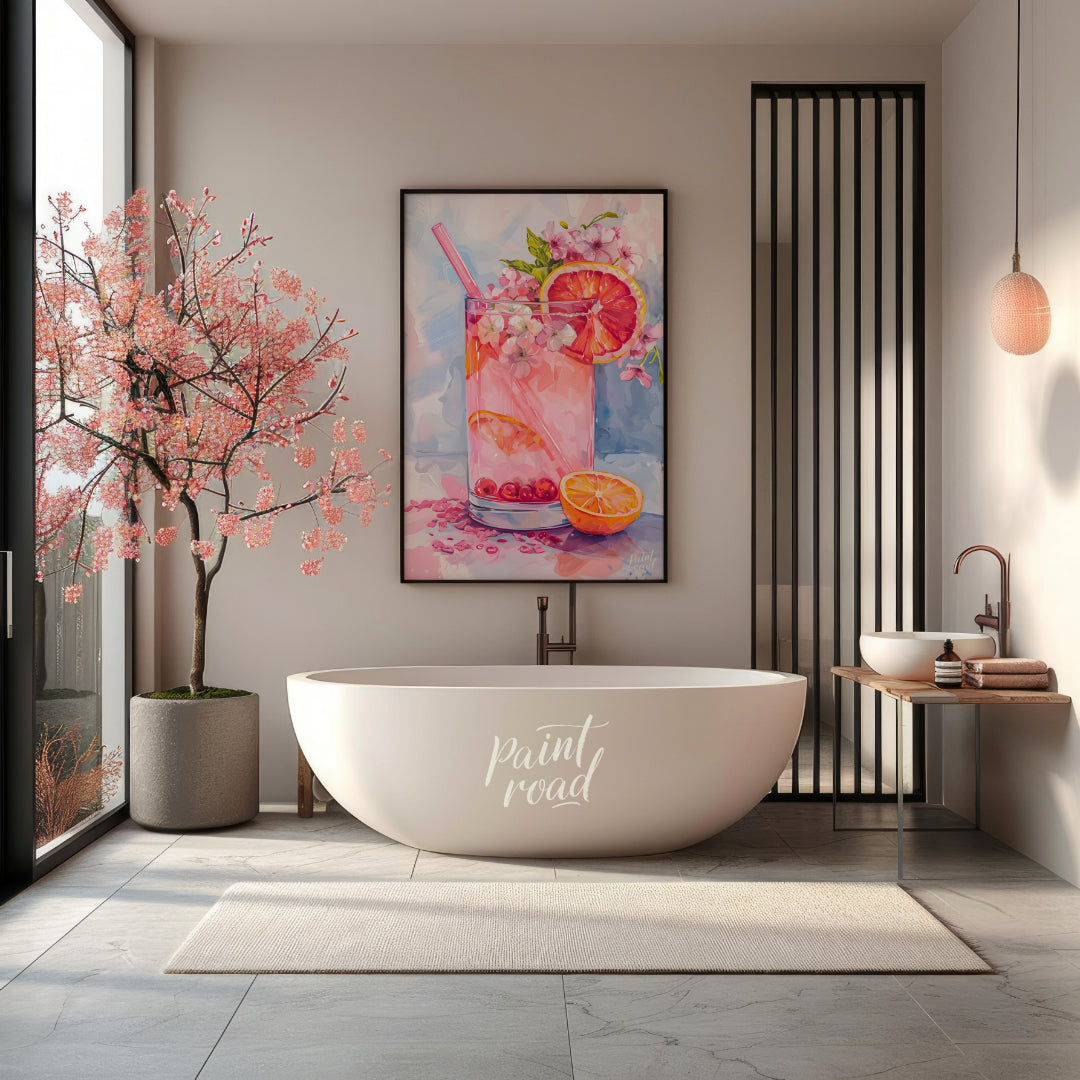 This artwork captures a refreshing pink drink in a tall glass, adorned with citrus slices and delic… for bathroom