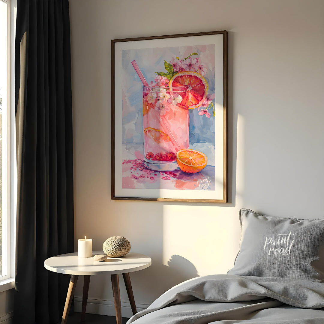This artwork captures a refreshing pink drink in a tall glass, adorned with citrus slices and delic… for bedroom