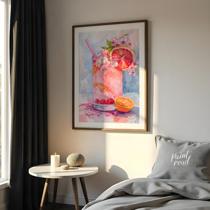 This artwork captures a refreshing pink drink in a tall glass, adorned with citrus slices and delic… for bedroom