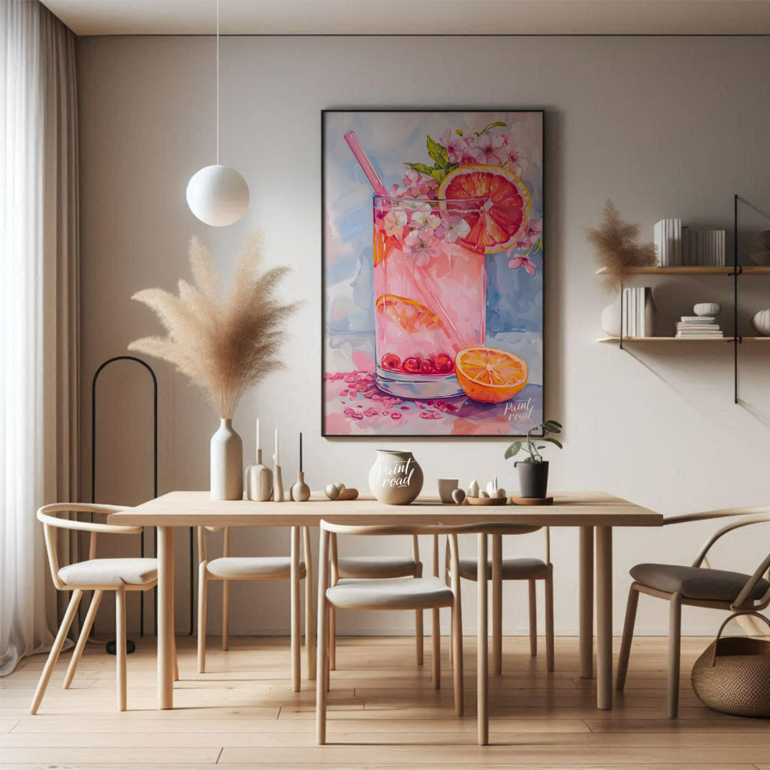 This artwork captures a refreshing pink drink in a tall glass, adorned with citrus slices and delic… for dining room