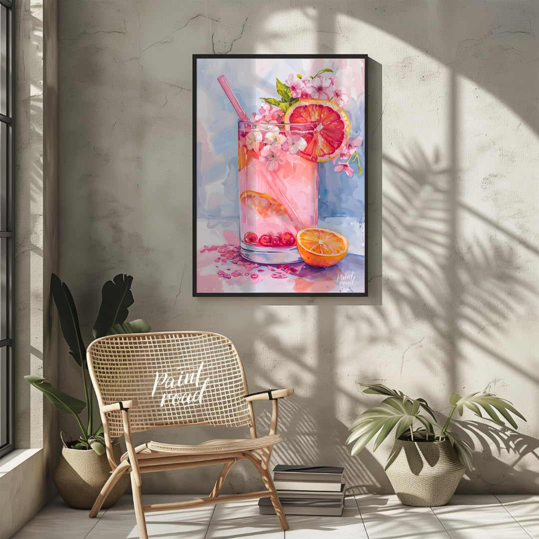 This artwork captures a refreshing pink drink in a tall glass, adorned with citrus slices and delic… for living room
