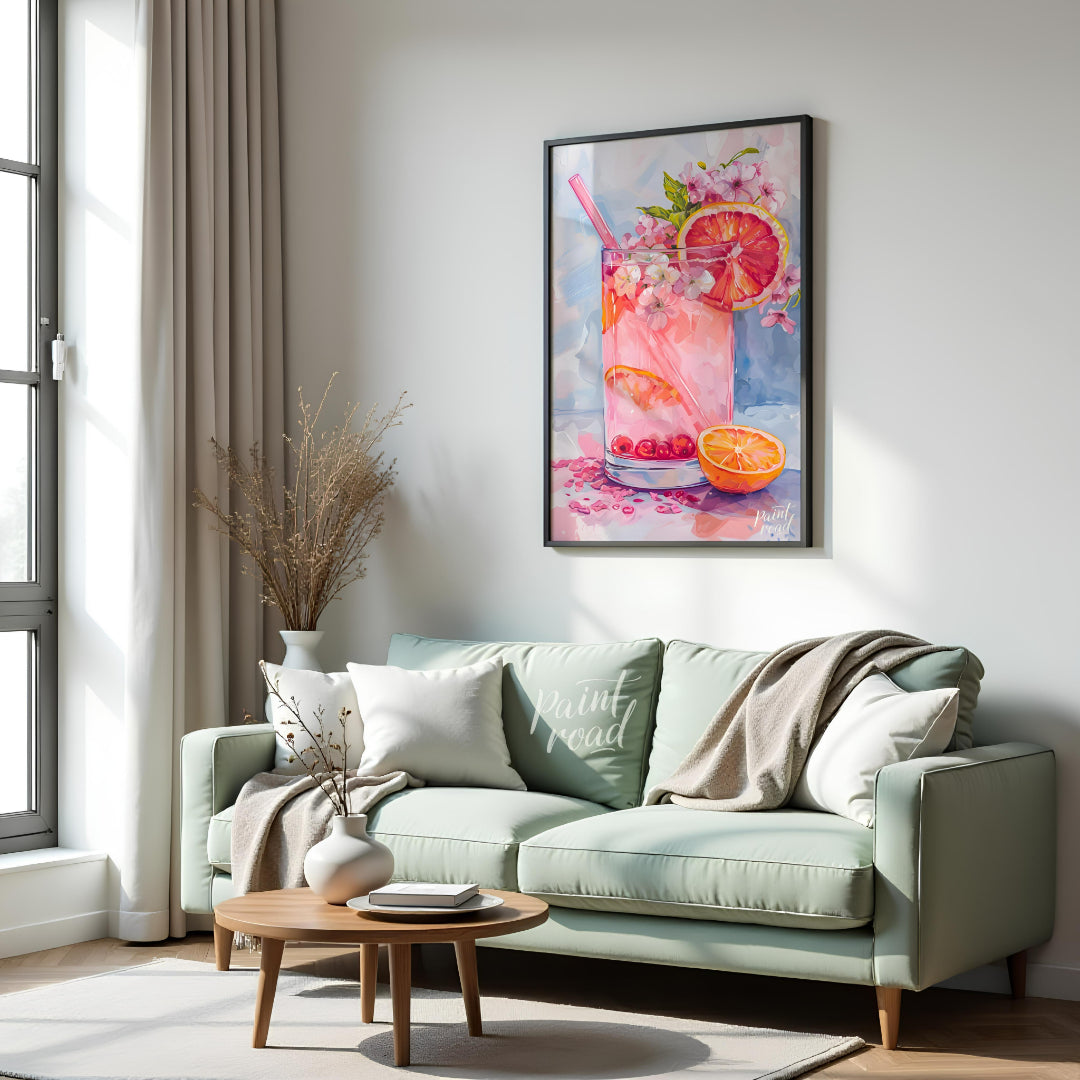 This artwork captures a refreshing pink drink in a tall glass, adorned with citrus slices and delic… for living room