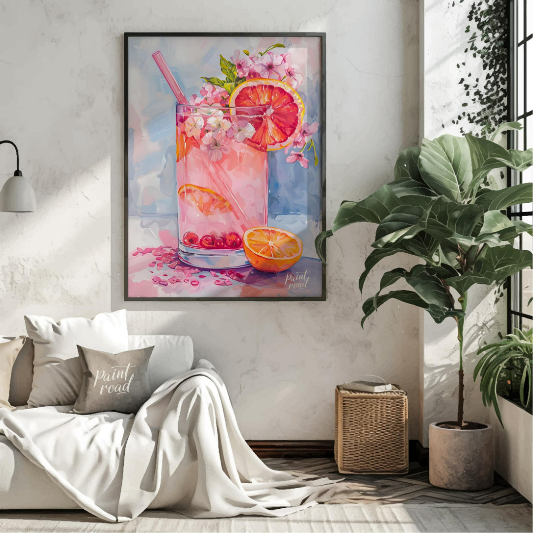 This artwork captures a refreshing pink drink in a tall glass, adorned with citrus slices and delic… for living room