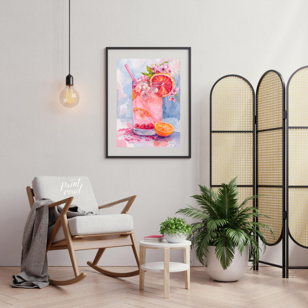 This artwork captures a refreshing pink drink in a tall glass, adorned with citrus slices and delic… for living room