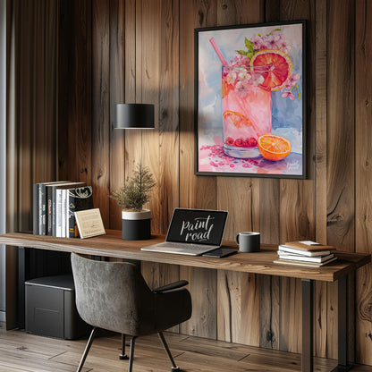 This artwork captures a refreshing pink drink in a tall glass, adorned with citrus slices and delic… for office