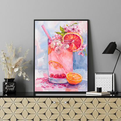 This artwork captures a refreshing pink drink in a tall glass, adorned with citrus slices and delic… for office