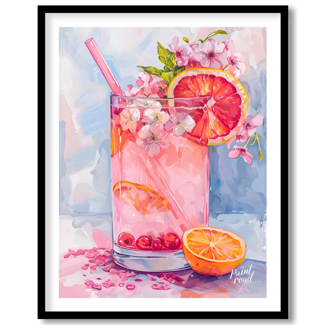 This artwork captures a refreshing pink drink in a tall glass, adorned with citrus slices and delic… for place
