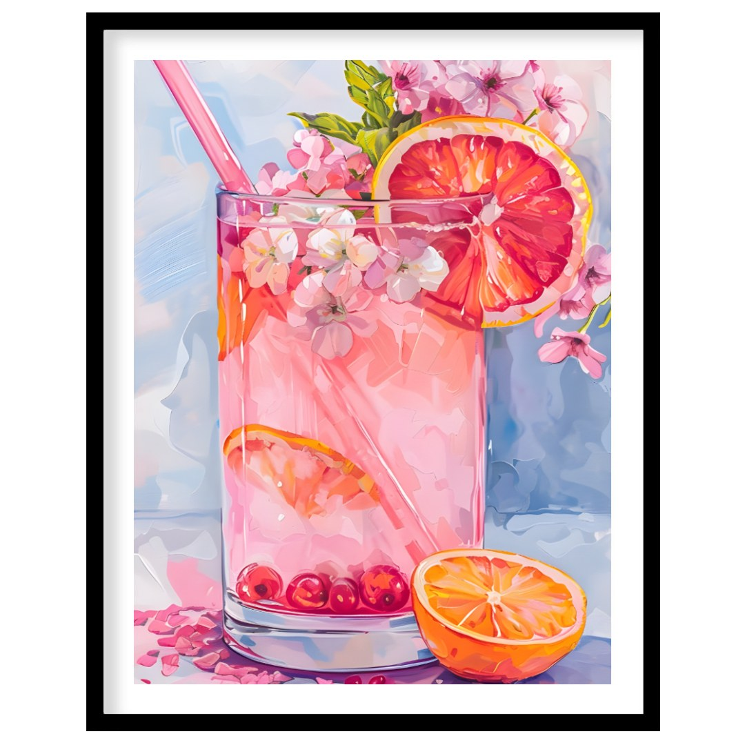 This artwork captures a refreshing pink drink in a tall glass, adorned with citrus slices and delic… for place