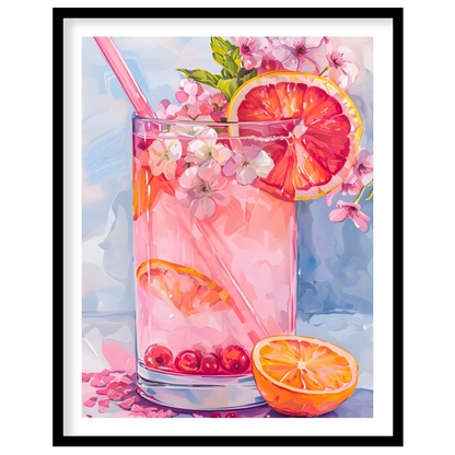 This artwork captures a refreshing pink drink in a tall glass, adorned with citrus slices and delic… for place