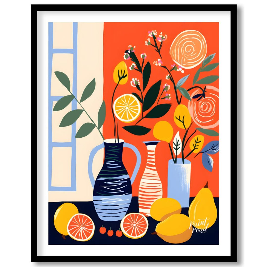 This vibrant digital illustration depicts a still life scene with citrus fruits, flowers, and vases… for area