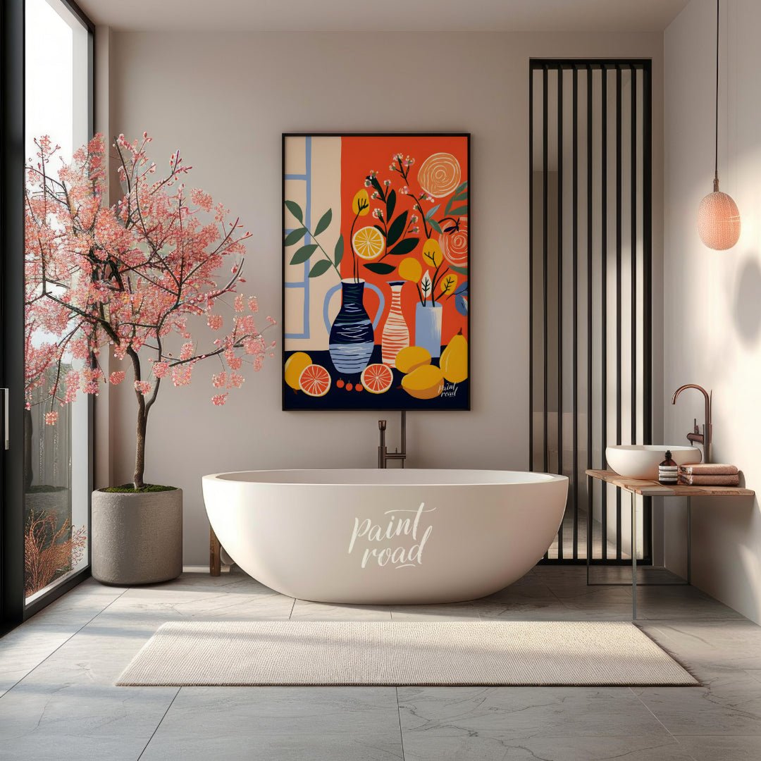 This vibrant digital illustration depicts a still life scene with citrus fruits, flowers, and vases… for bathroom