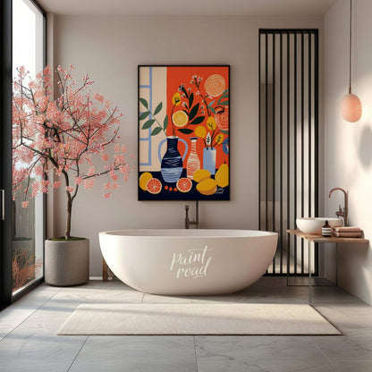 This vibrant digital illustration depicts a still life scene with citrus fruits, flowers, and vases… for bathroom