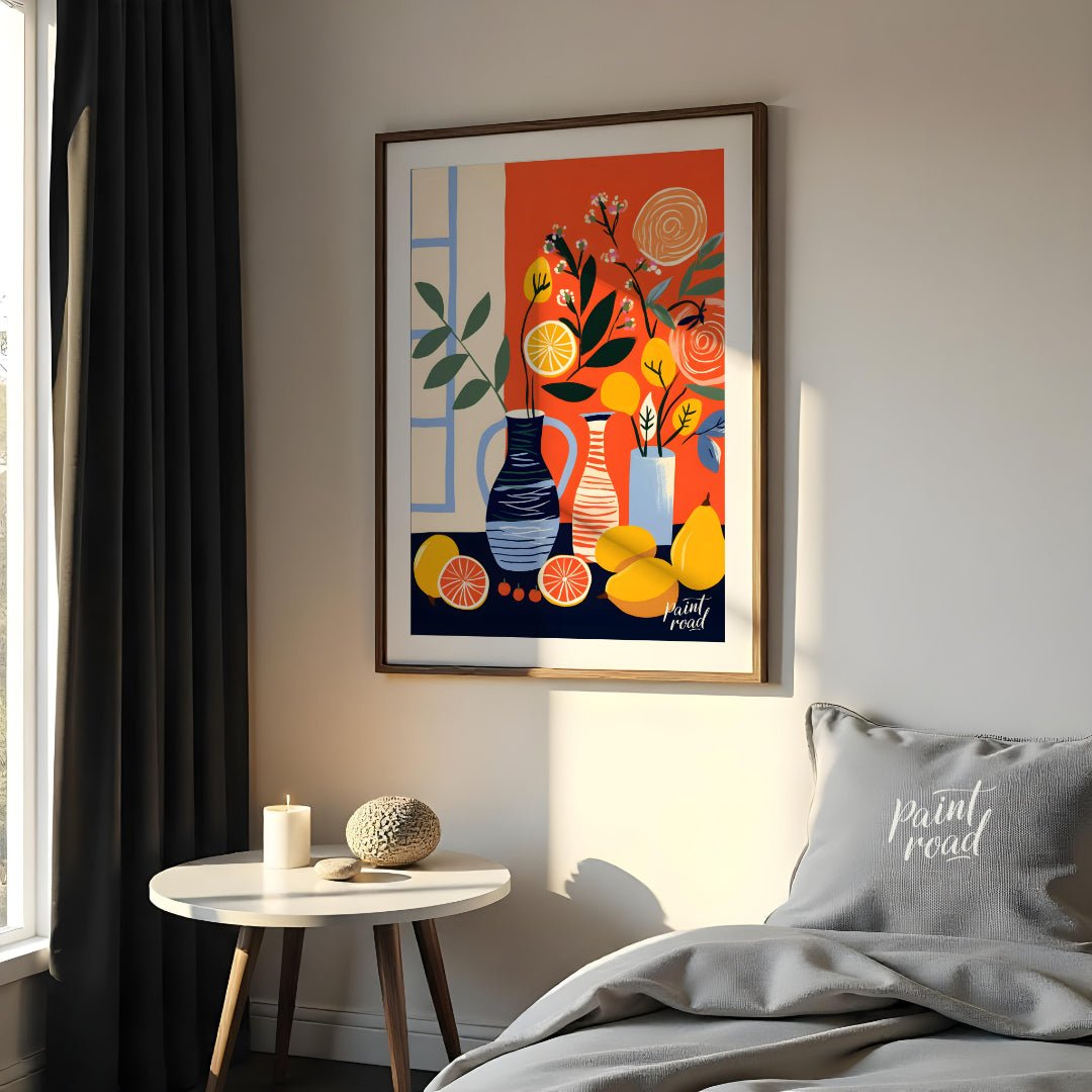 This vibrant digital illustration depicts a still life scene with citrus fruits, flowers, and vases… for bedroom