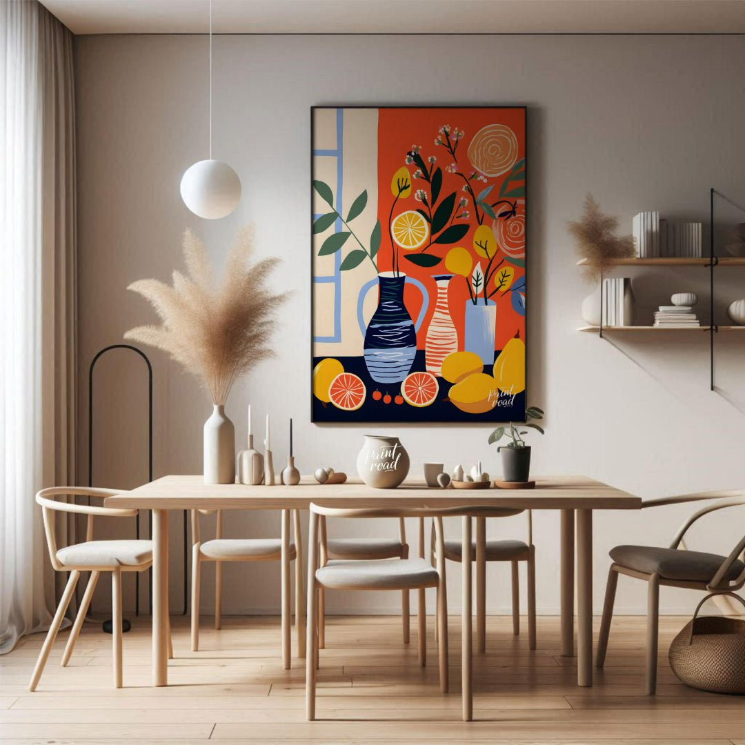 This vibrant digital illustration depicts a still life scene with citrus fruits, flowers, and vases… for dining room