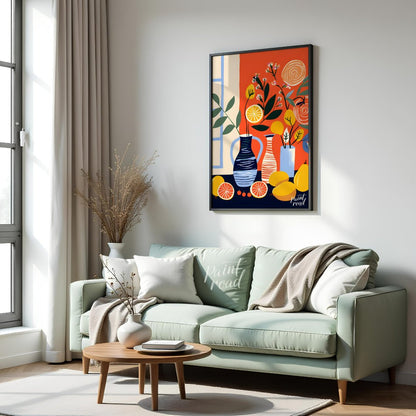 This vibrant digital illustration depicts a still life scene with citrus fruits, flowers, and vases… for living room