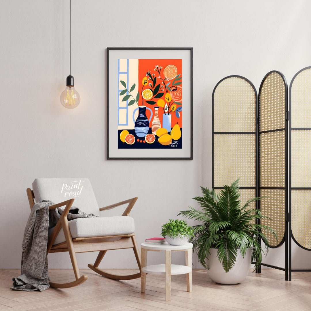 This vibrant digital illustration depicts a still life scene with citrus fruits, flowers, and vases… for living room