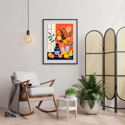 This vibrant digital illustration depicts a still life scene with citrus fruits, flowers, and vases… for living room