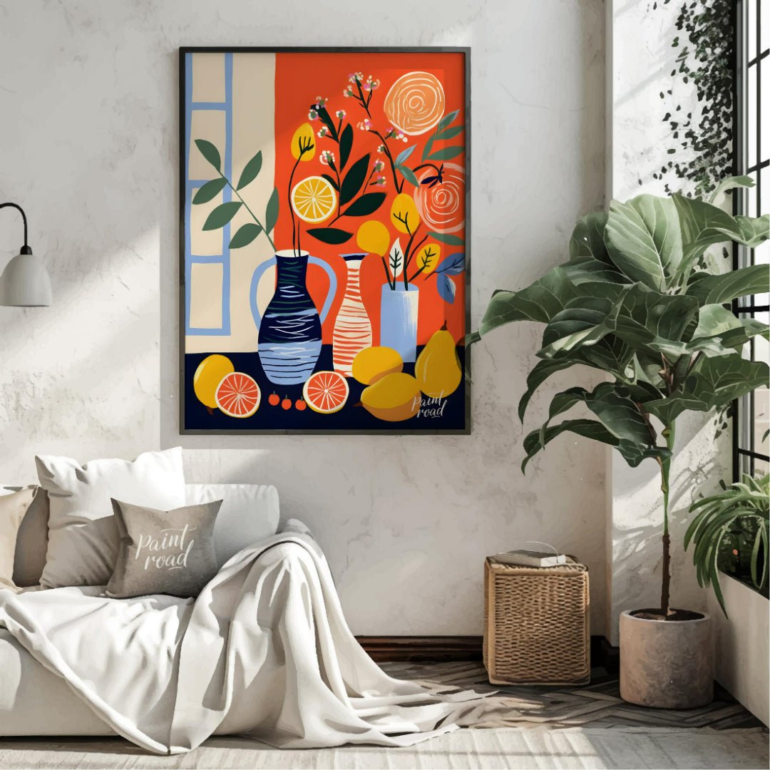 This vibrant digital illustration depicts a still life scene with citrus fruits, flowers, and vases… for living room
