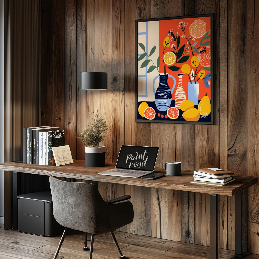 This vibrant digital illustration depicts a still life scene with citrus fruits, flowers, and vases… for office