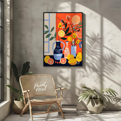 This vibrant digital illustration depicts a still life scene with citrus fruits, flowers, and vases… for other