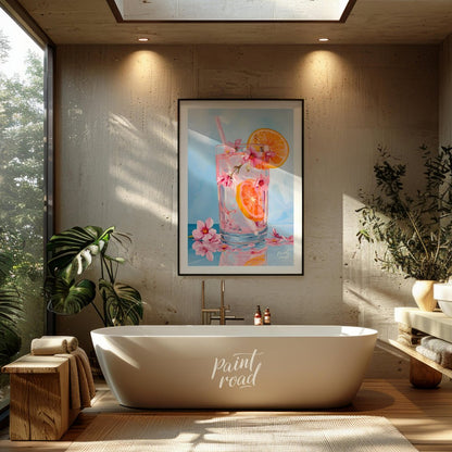 This refreshing painting captures a vibrant citrus spritzer, adorned with pink blossoms. The artist… for bathroom