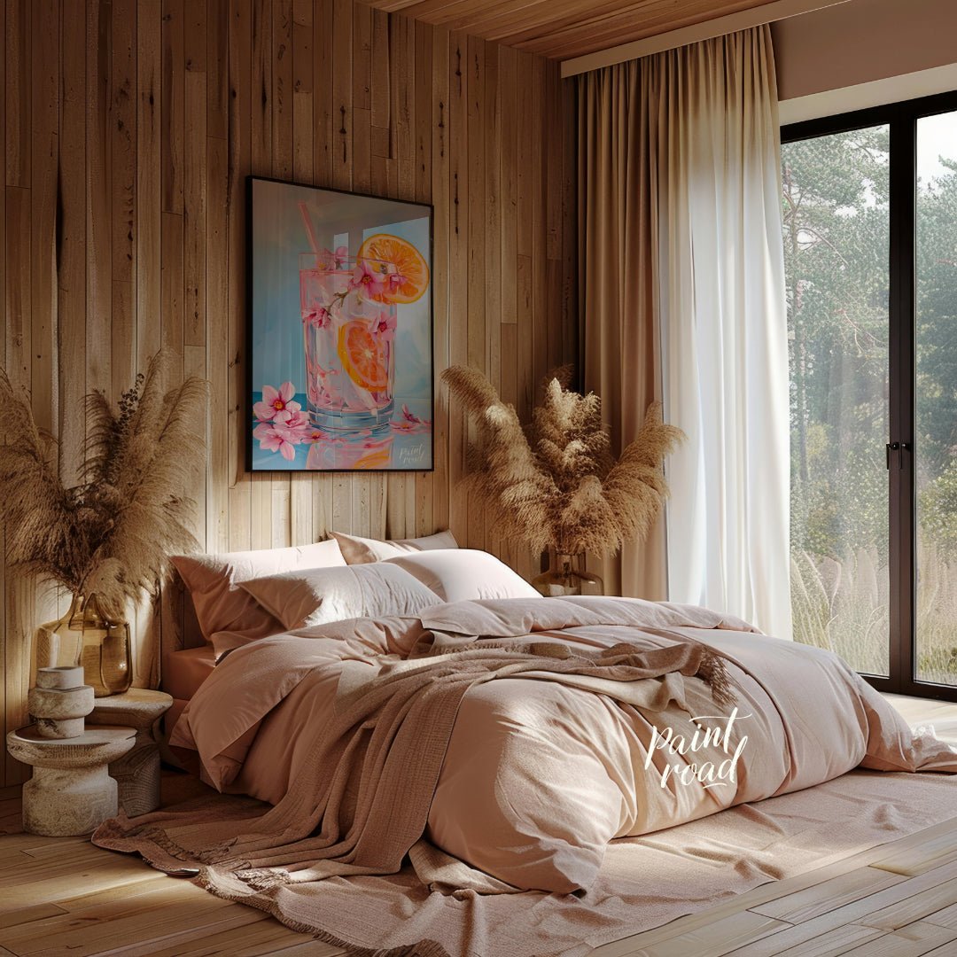 This refreshing painting captures a vibrant citrus spritzer, adorned with pink blossoms. The artist… for bedroom