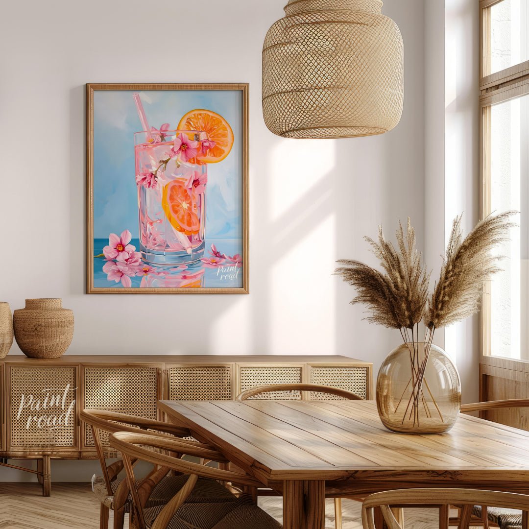 This refreshing painting captures a vibrant citrus spritzer, adorned with pink blossoms. The artist… for dining room