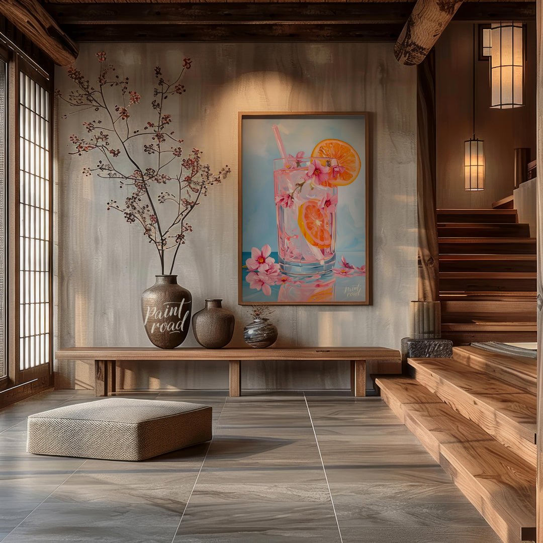 This refreshing painting captures a vibrant citrus spritzer, adorned with pink blossoms. The artist… for entryway