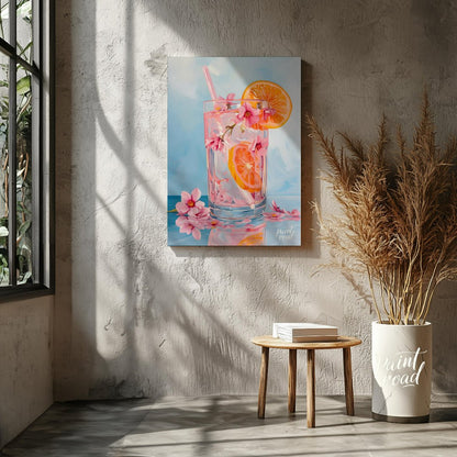 This refreshing painting captures a vibrant citrus spritzer, adorned with pink blossoms. The artist… for living room