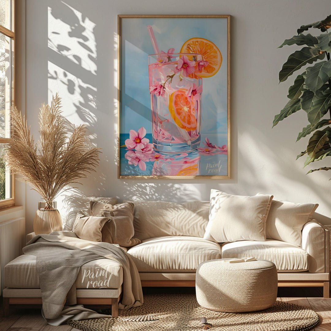 This refreshing painting captures a vibrant citrus spritzer, adorned with pink blossoms. The artist… for living room