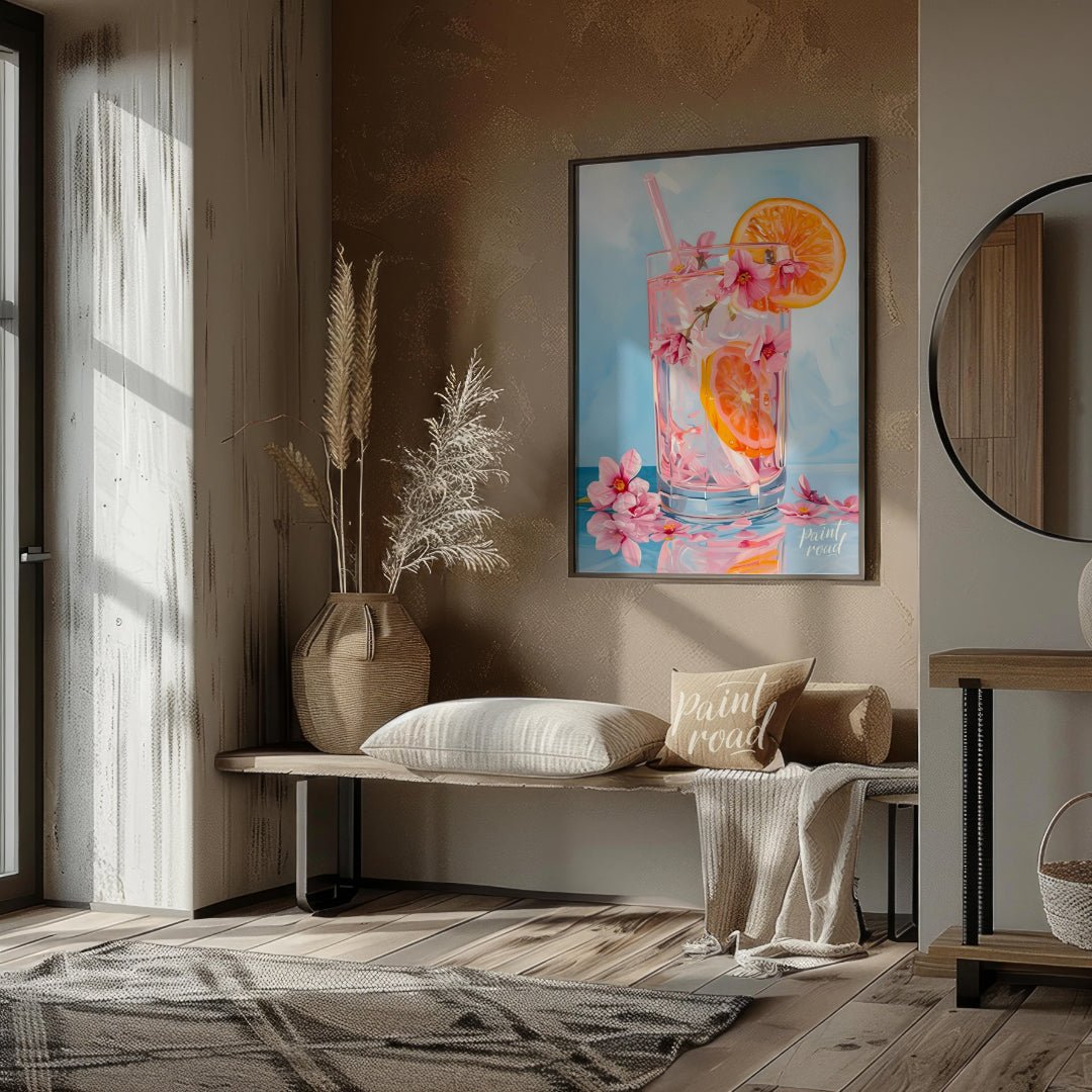 This refreshing painting captures a vibrant citrus spritzer, adorned with pink blossoms. The artist… for living room