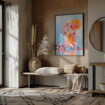 This refreshing painting captures a vibrant citrus spritzer, adorned with pink blossoms. The artist… for living room